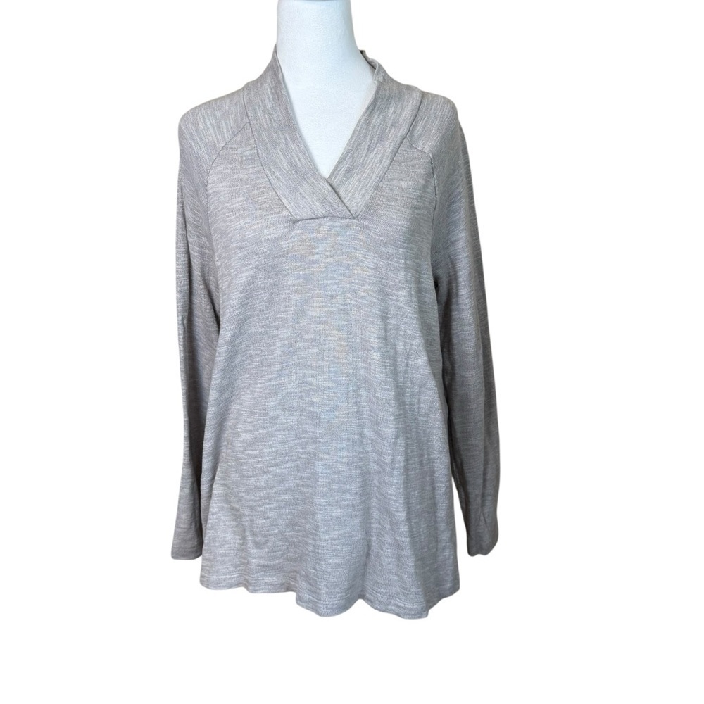 Pure Jill Gray Cotton Blend Sweater Medium Petite V-Neck Natural Organic Neutral